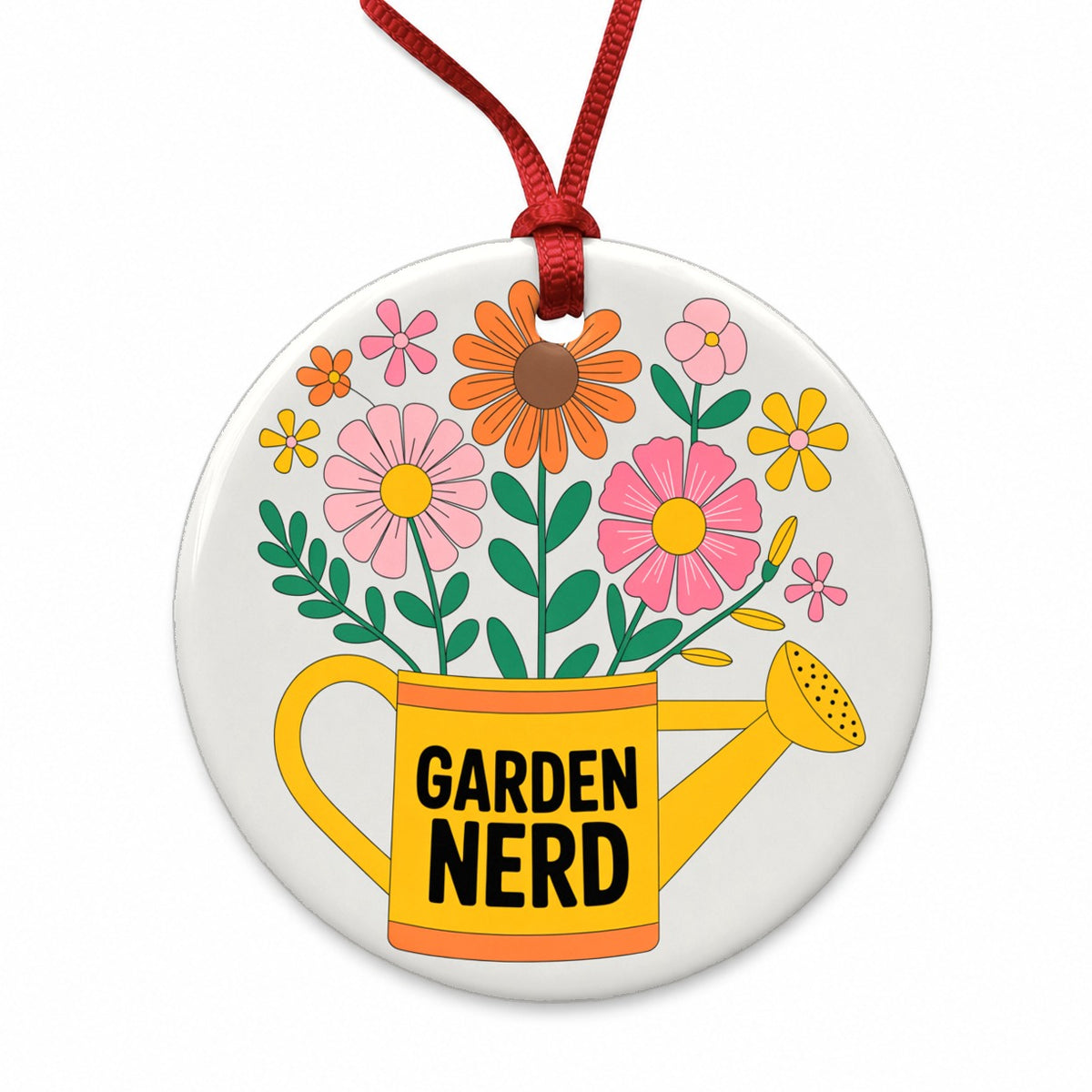 Garden Nerd Watering Can Flowers Round Ceramic Holiday Christmas Tree Ornament
