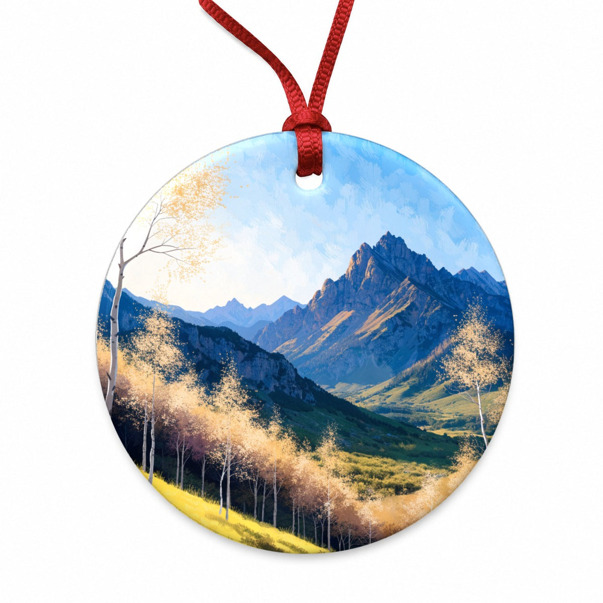 Golden Aspen Mountain Forest Round Ceramic Holiday Christmas Tree Ornament