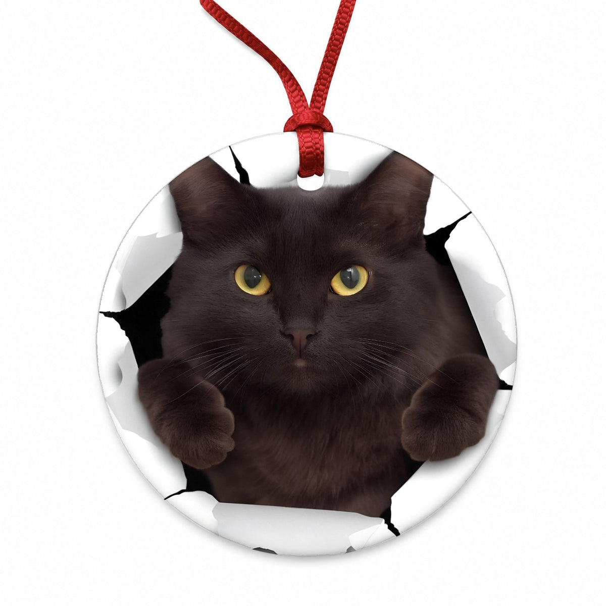 Gray Cat Breakout Round Ceramic Holiday Christmas Tree Ornament