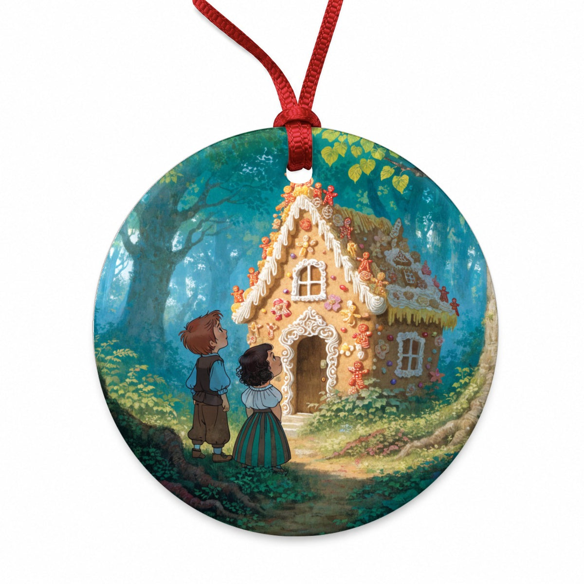 Hansel Gretel Gingerbread Cottage Round Ceramic Holiday Christmas Tree Ornament
