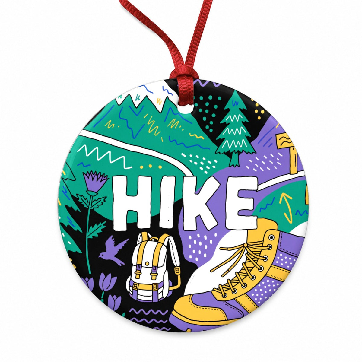 Hike Hiking Hiker Boot Bold Art Round Ceramic Holiday Christmas Tree Ornament