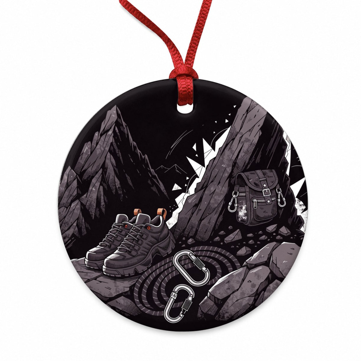 Hiking Rock Climbing Gear Dark Mountain Round Ceramic Holiday Christmas Tree Ornament