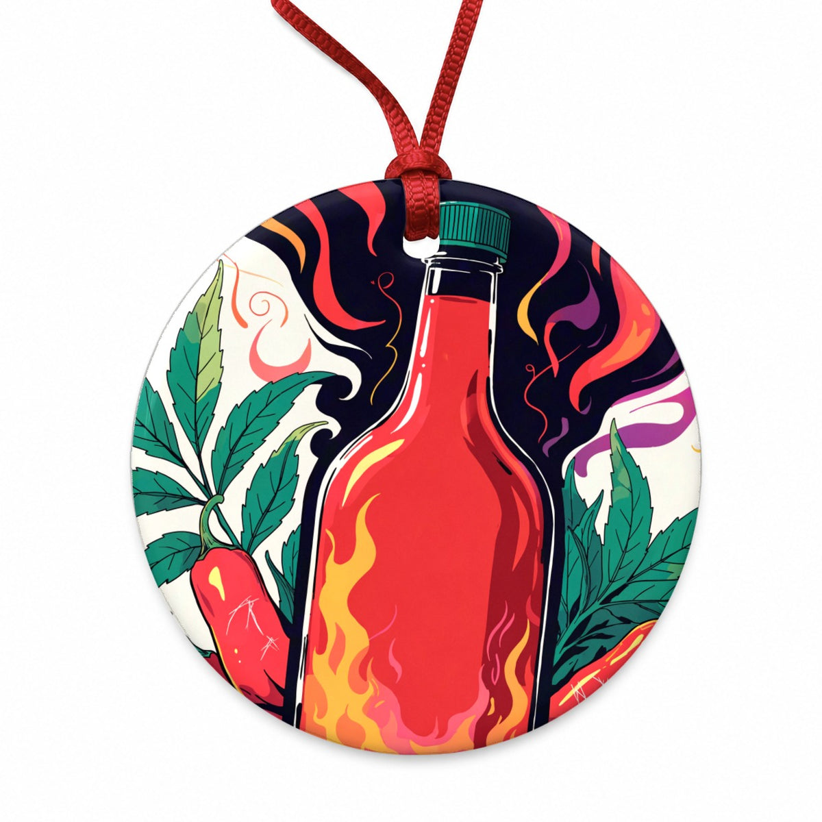 Hot Sauce Peppers Round Ceramic Holiday Christmas Tree Ornament