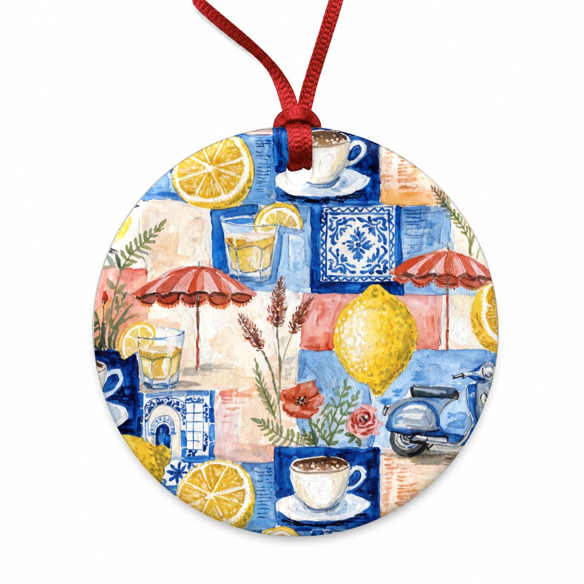 Italian Mediterranean Summer Lemons Round Ceramic Holiday Christmas Tree Ornament