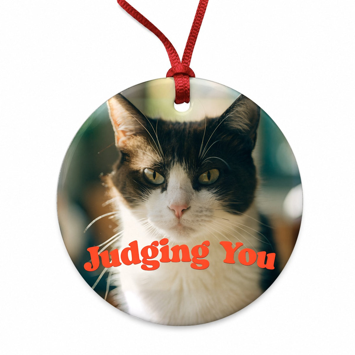 Judging You Cat Funny Round Ceramic Holiday Christmas Tree Ornament