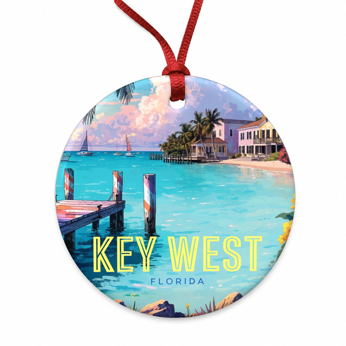Key West Florida Travel Scenic Round Ceramic Holiday Christmas Tree Ornament