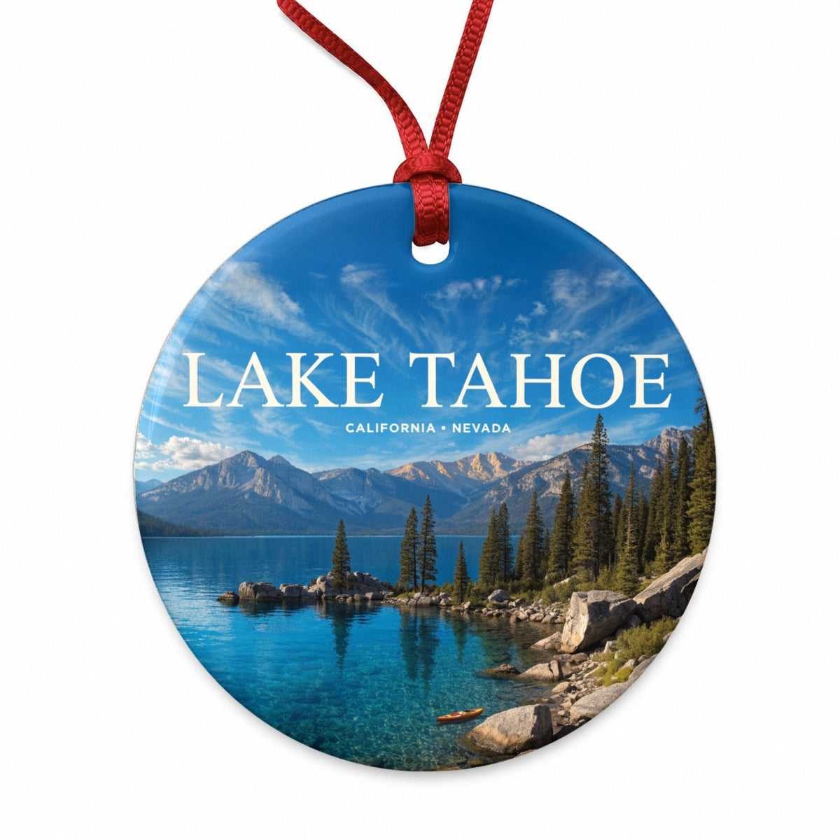 Lake Tahoe California Nevada Travel Round Ceramic Holiday Christmas Tree Ornament