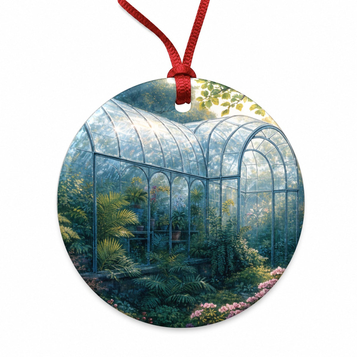Lush Garden Glass Conservatory Round Ceramic Holiday Christmas Tree Ornament