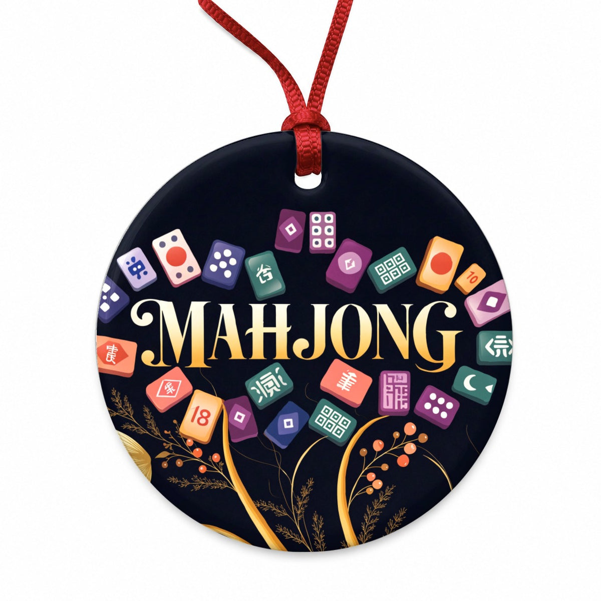 Mahjong Game Tiles Elegant Round Ceramic Holiday Christmas Tree Ornament