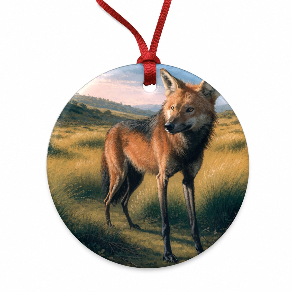 Maned Wolf Grasslands Round Ceramic Holiday Christmas Tree Ornament