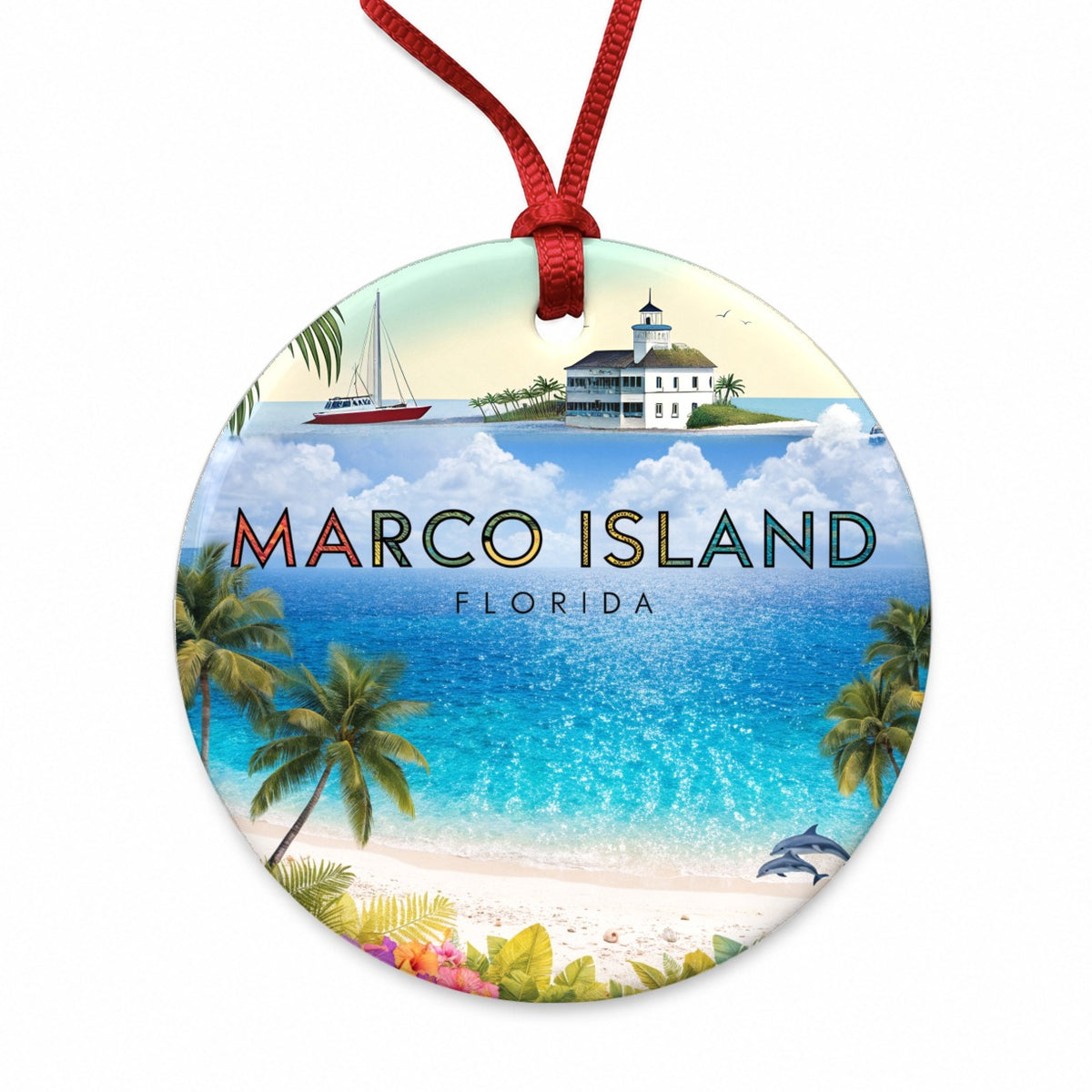 Marco Island Florida Travel Round Ceramic Holiday Christmas Tree Ornament