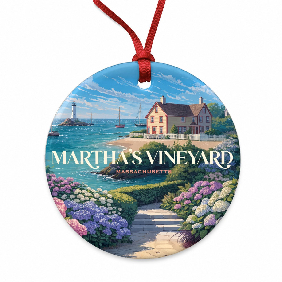 Martha's Vineyard Massachusetts Travel Round Ceramic Holiday Christmas Tree Ornament