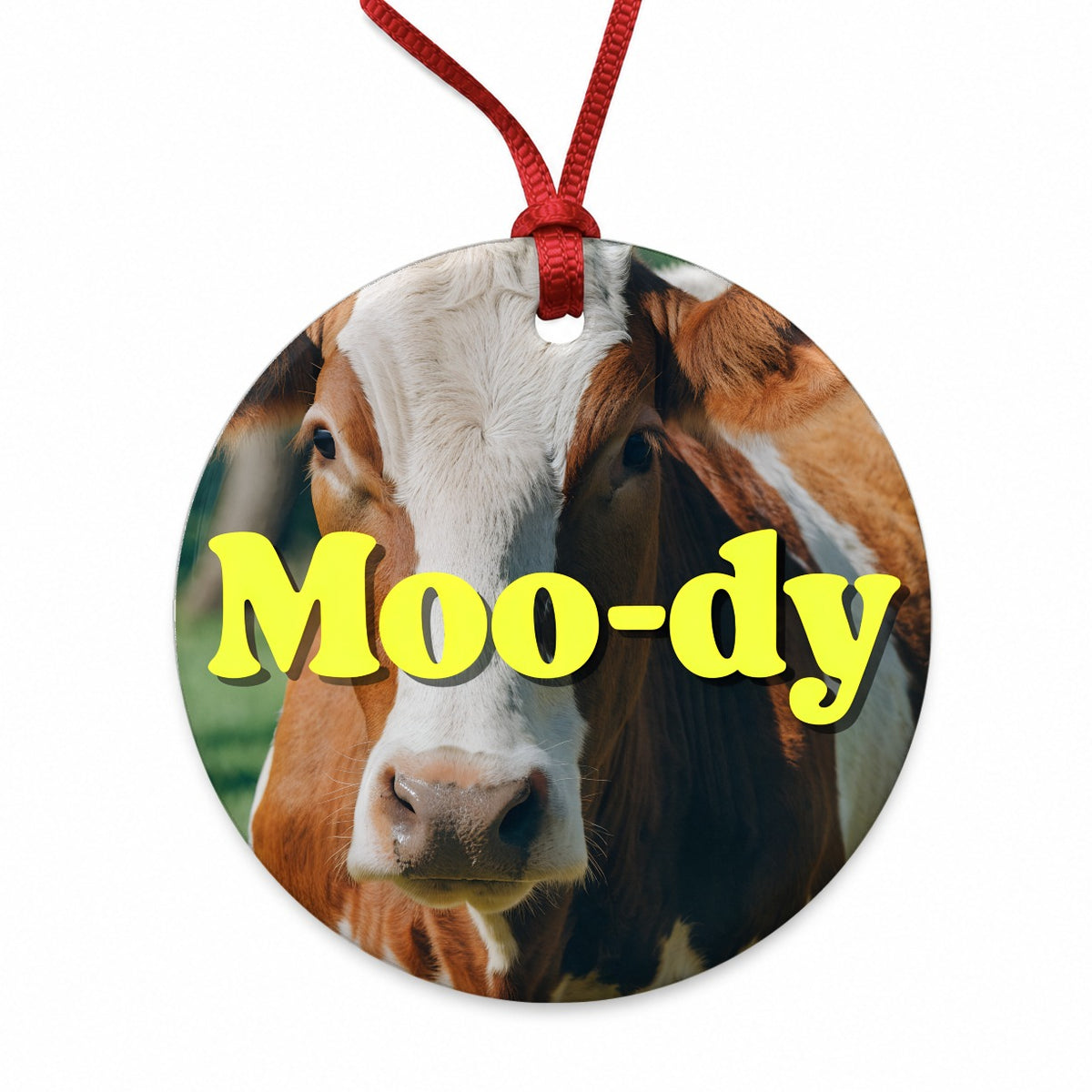 Moody Cow Funny Round Ceramic Holiday Christmas Tree Ornament