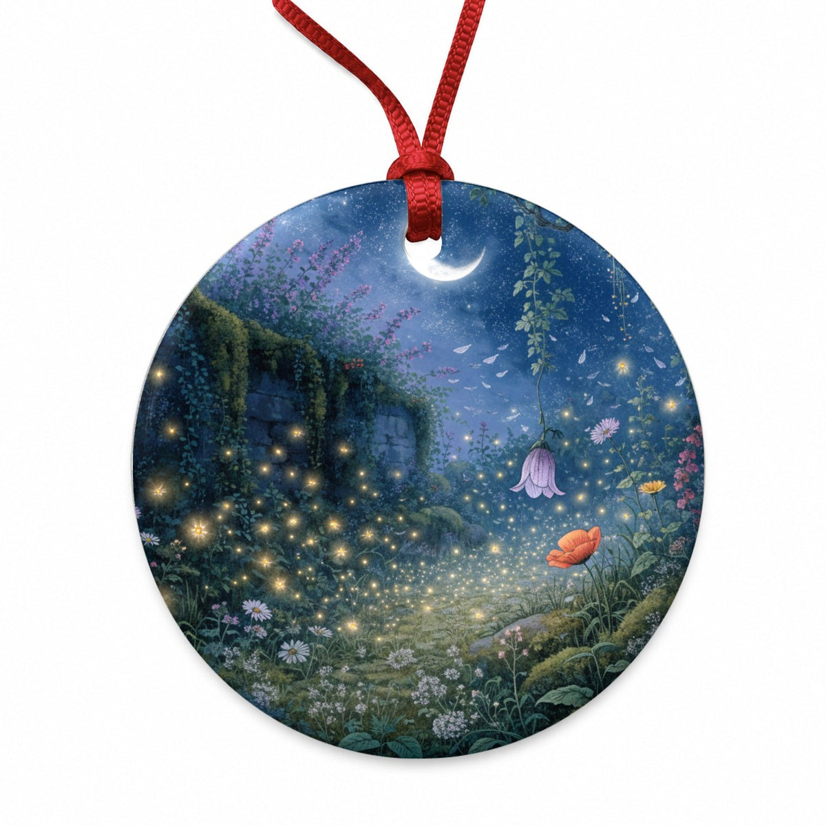 Moonlit Firefly Garden Round Ceramic Holiday Christmas Tree Ornament