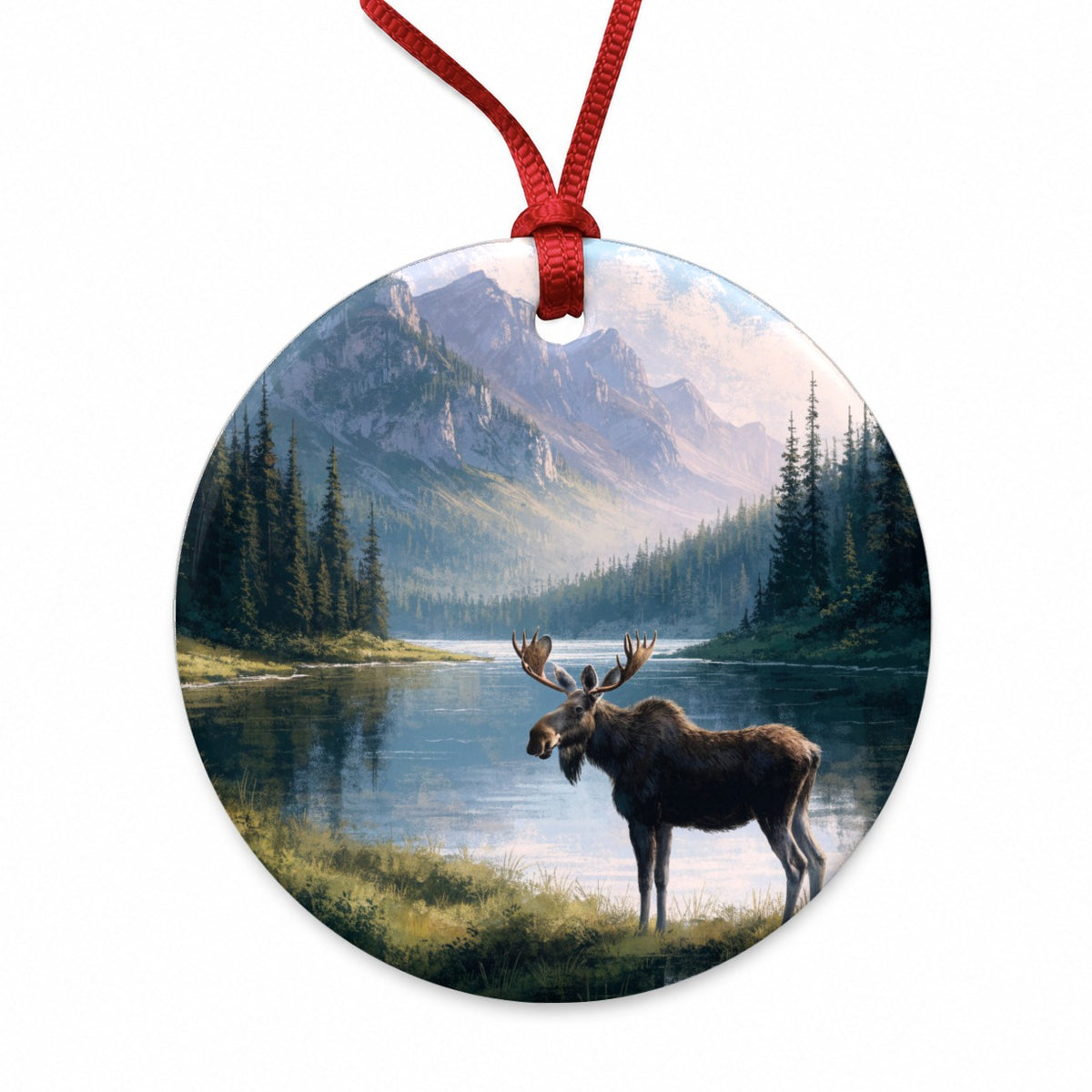 Moose Mountain Lake Round Ceramic Holiday Christmas Tree Ornament