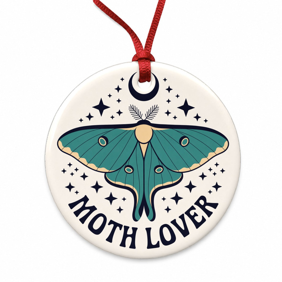 Moth Lover Luna Crescent Moon Round Ceramic Holiday Christmas Tree Ornament