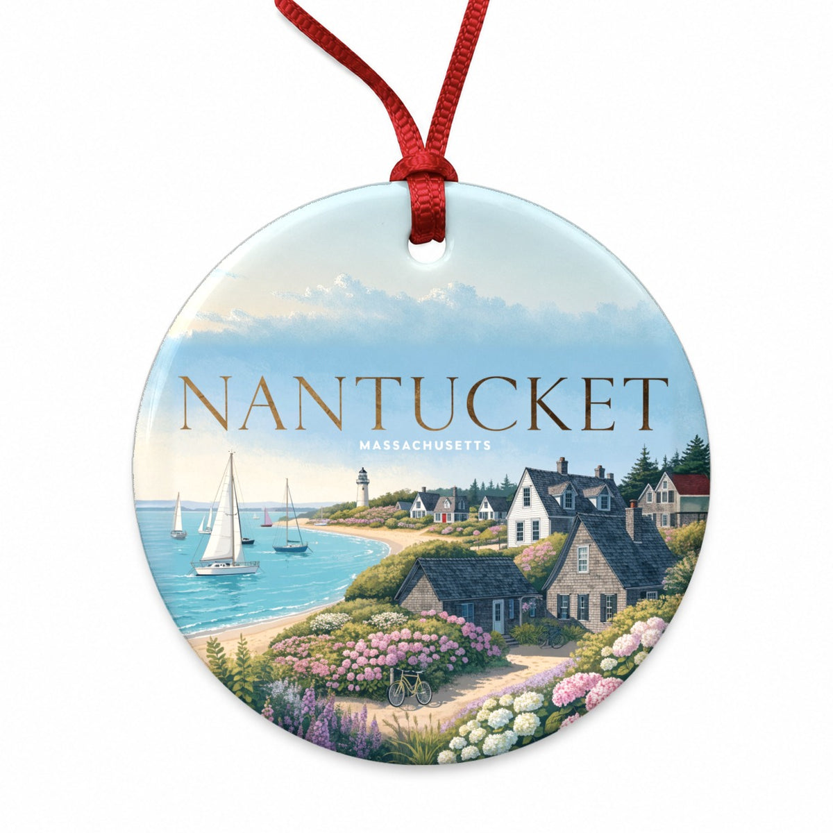 Nantucket Massachusetts Travel Round Ceramic Holiday Christmas Tree Ornament