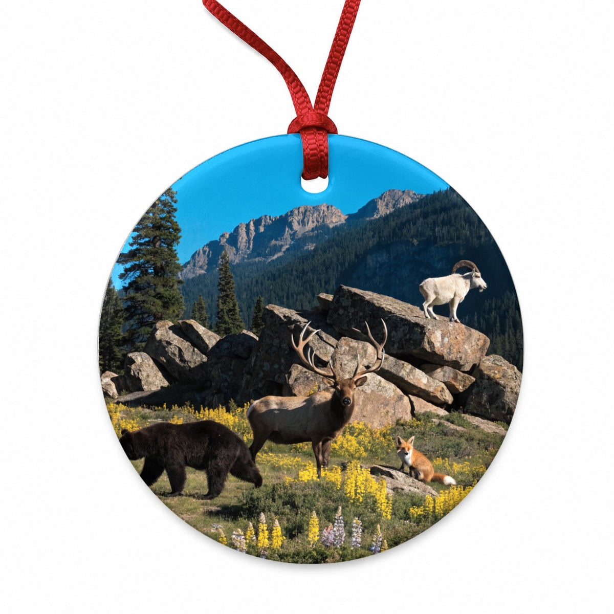 National Park Animals Photo Bear Elk Fox Goat Round Ceramic Holiday Christmas Tree Ornament
