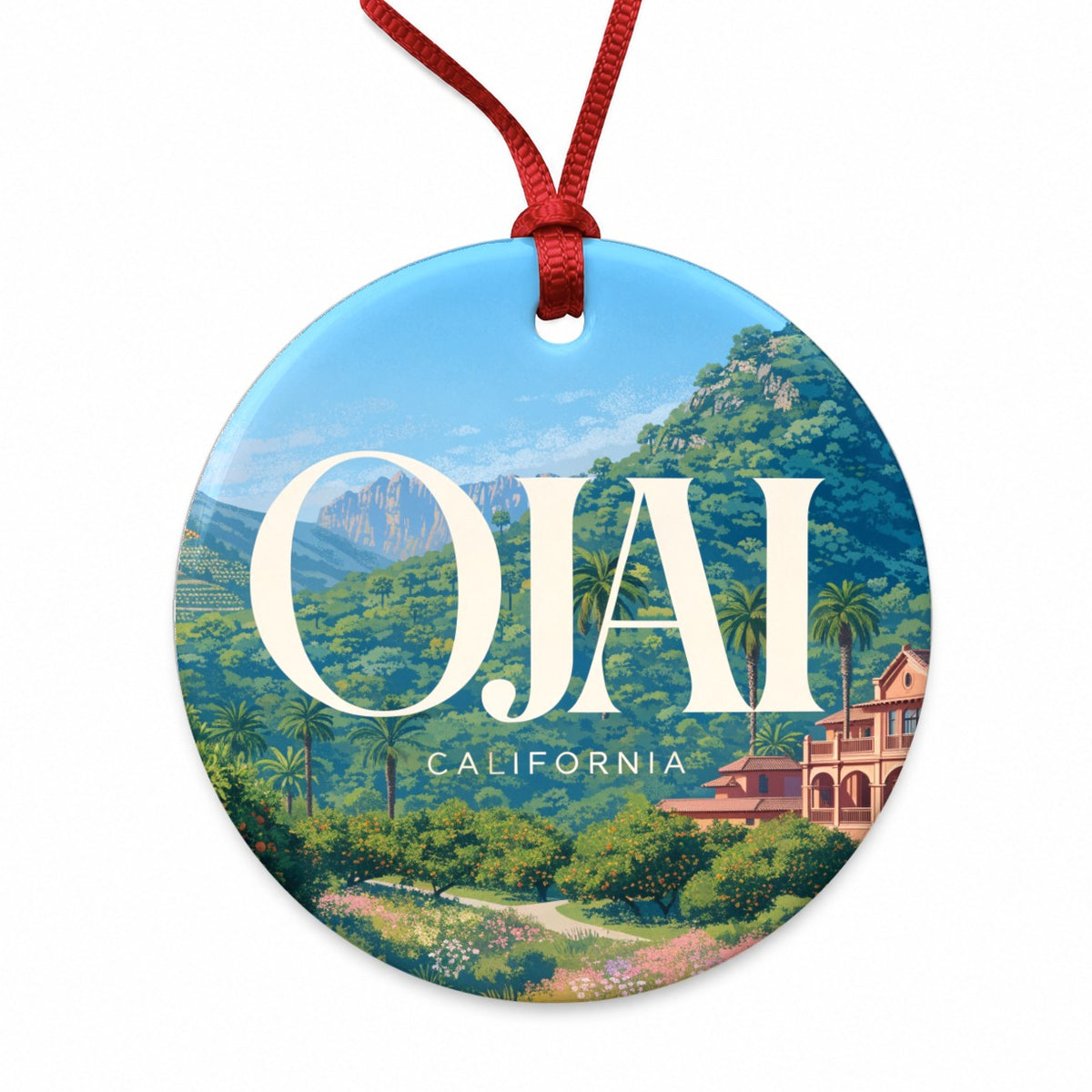 Ojai California Travel Round Ceramic Holiday Christmas Tree Ornament