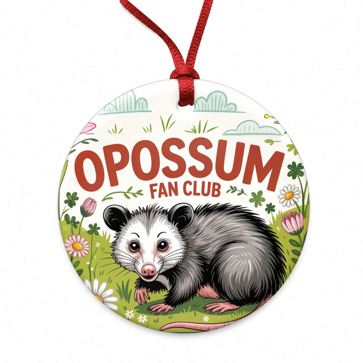 Opossum Fan Club In Flowers Round Ceramic Holiday Christmas Tree Ornament