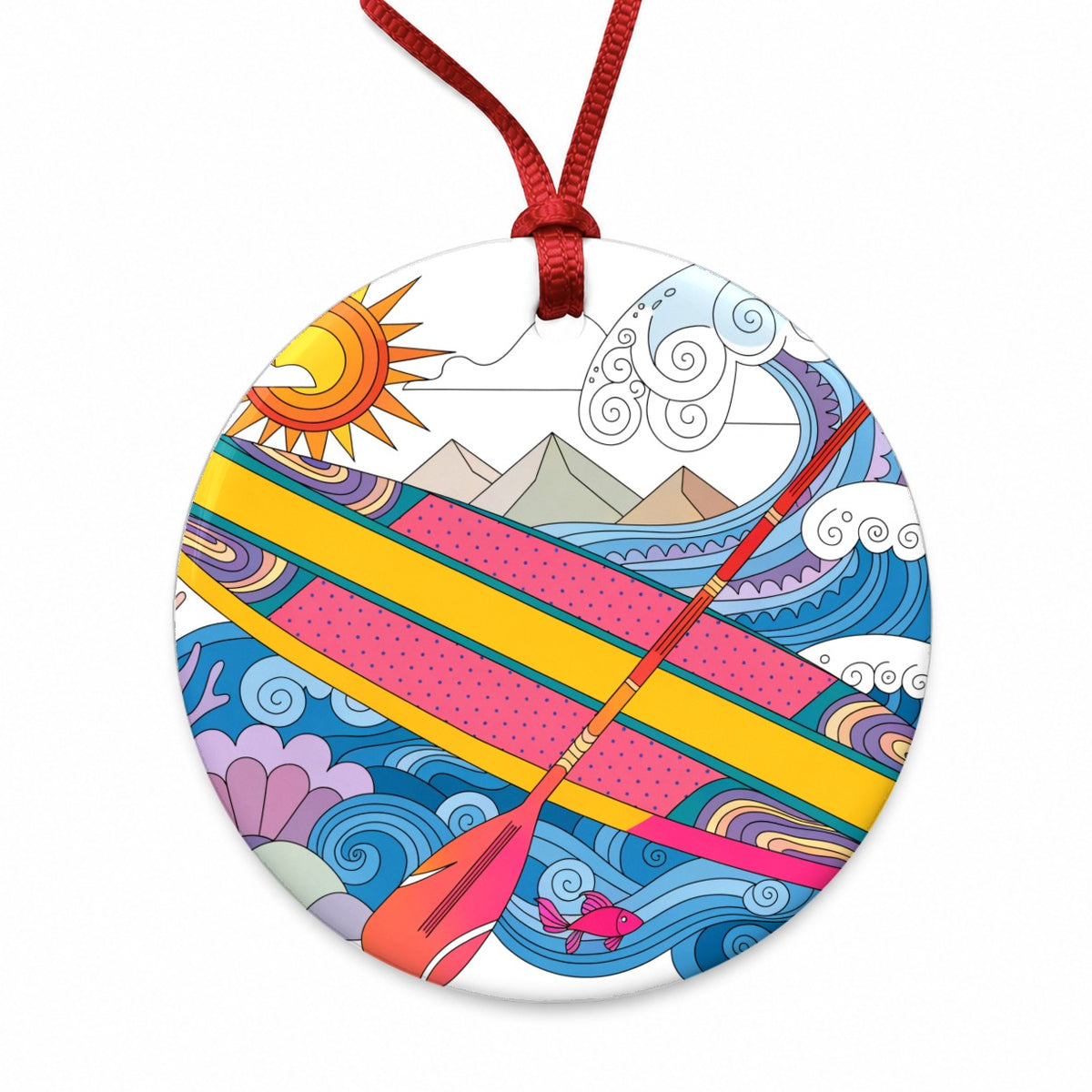Paddleboarding Lake Sports Fun Round Ceramic Holiday Christmas Tree Ornament