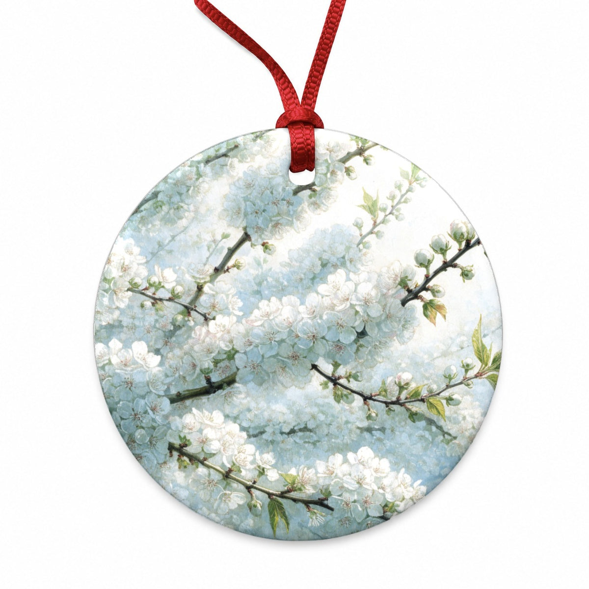 Pear Blossom Branches Round Ceramic Holiday Christmas Tree Ornament