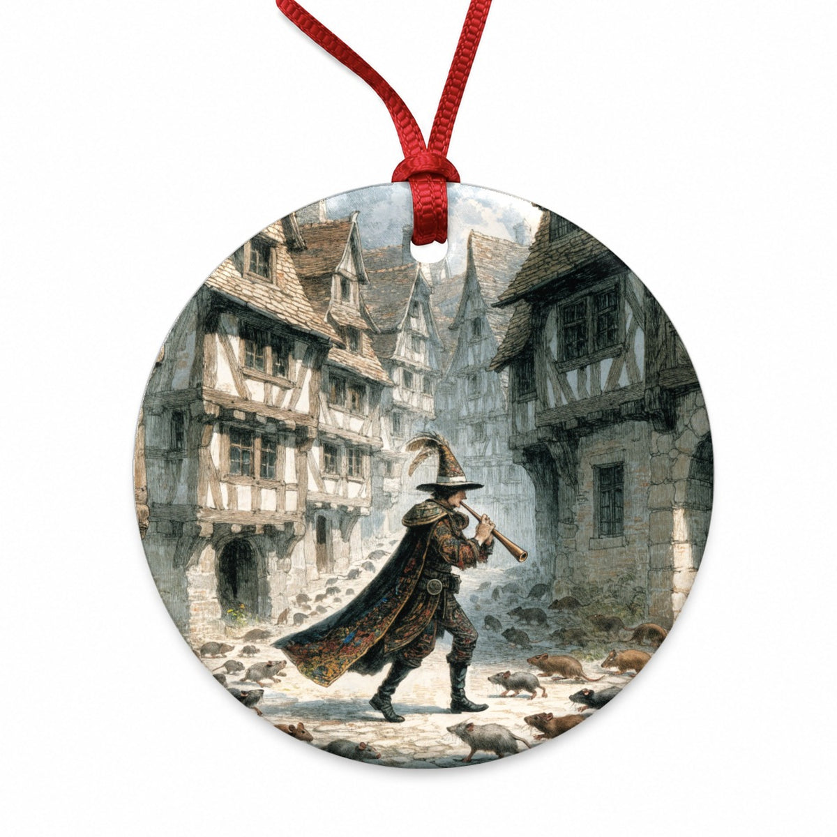 Pied Piper Fairy Tale Round Ceramic Holiday Christmas Tree Ornament