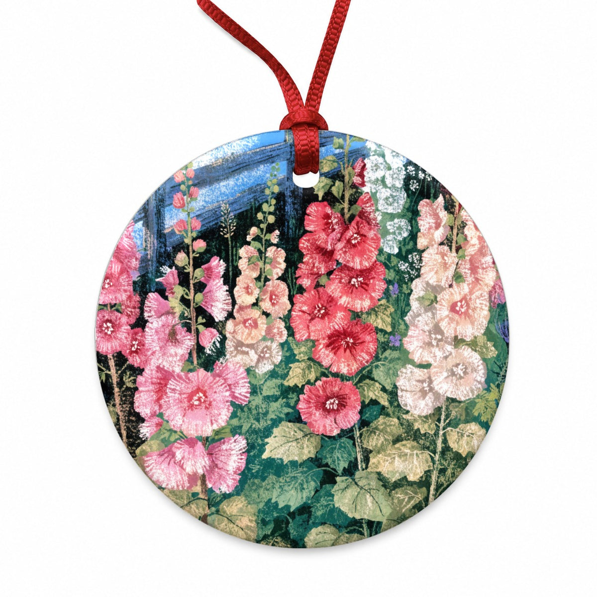 Pink Hollyhock Cottage Garden Round Ceramic Holiday Christmas Tree Ornament