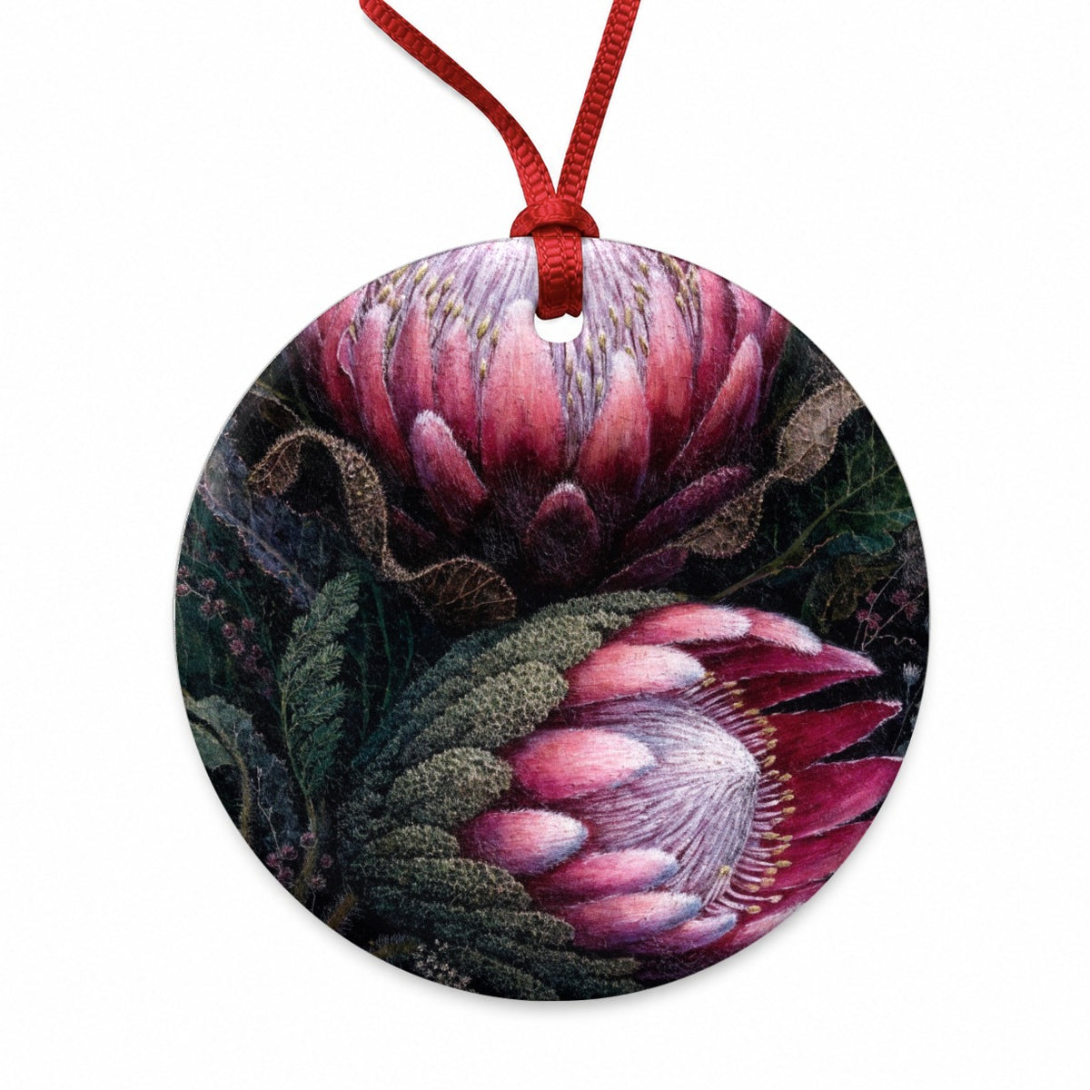 Pink Protea Botanical Round Ceramic Holiday Christmas Tree Ornament