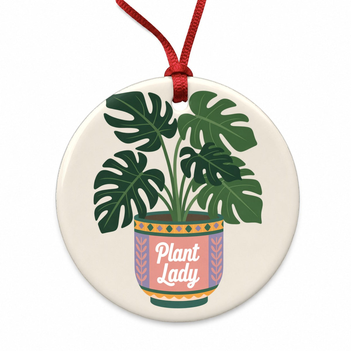 Plant Lady Monstera Round Ceramic Holiday Christmas Tree Ornament