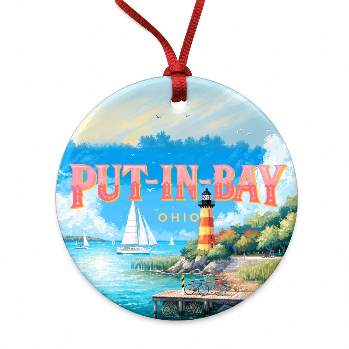 Put-in-Bay Ohio Travel Round Ceramic Holiday Christmas Tree Ornament