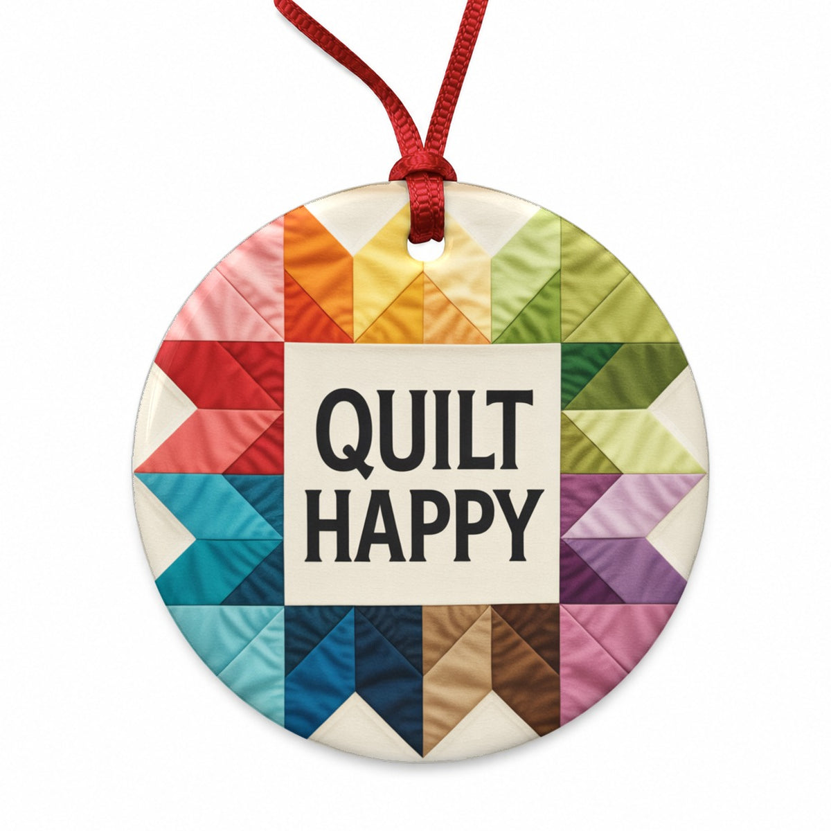 Quilt Happy Colorful Quilting Round Ceramic Holiday Christmas Tree Ornament