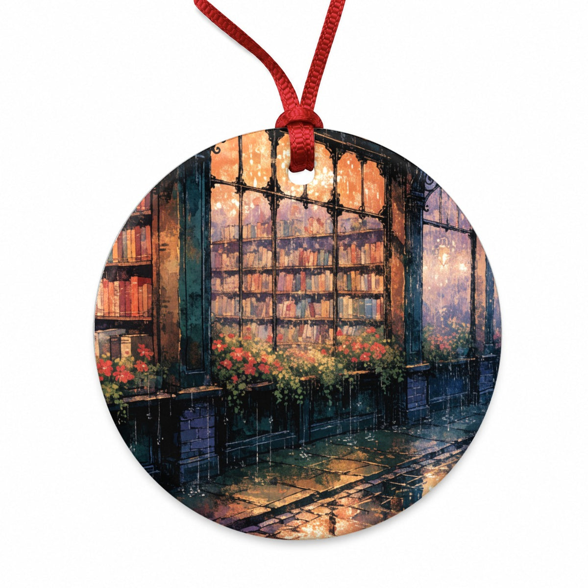 Rainy Bookshop Street Round Ceramic Holiday Christmas Tree Ornament