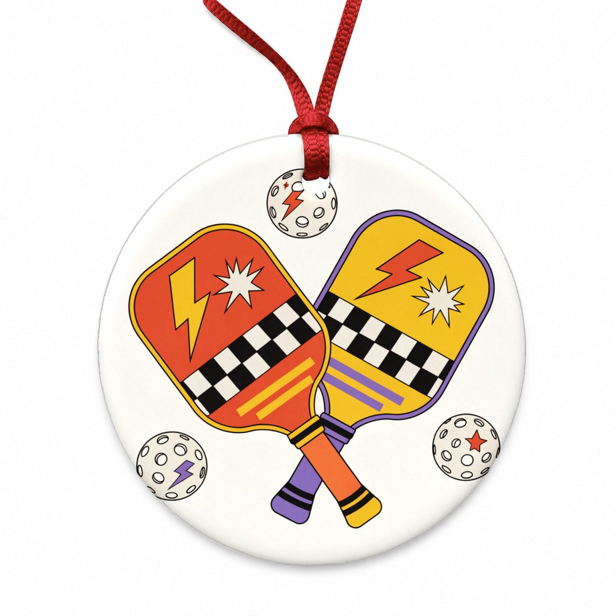 Retro Pickleball Paddles Balls Round Ceramic Holiday Christmas Tree Ornament