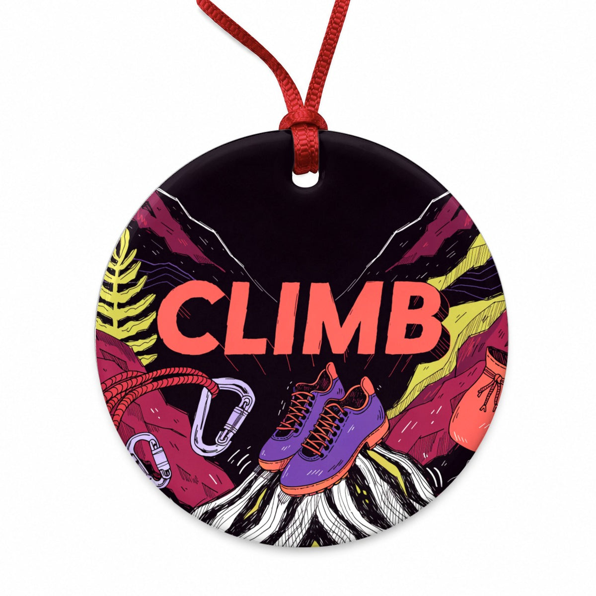 Rock Climbing Gear Stylish Round Ceramic Holiday Christmas Tree Ornament
