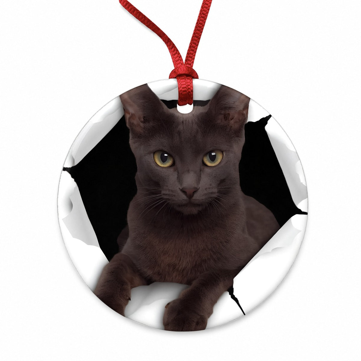 Russian Blue Cat Breakout Round Ceramic Holiday Christmas Tree Ornament