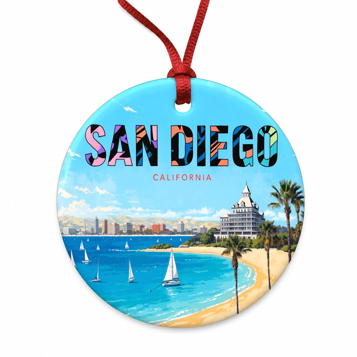 San Diego California Travel Ocean Round Ceramic Holiday Christmas Tree Ornament