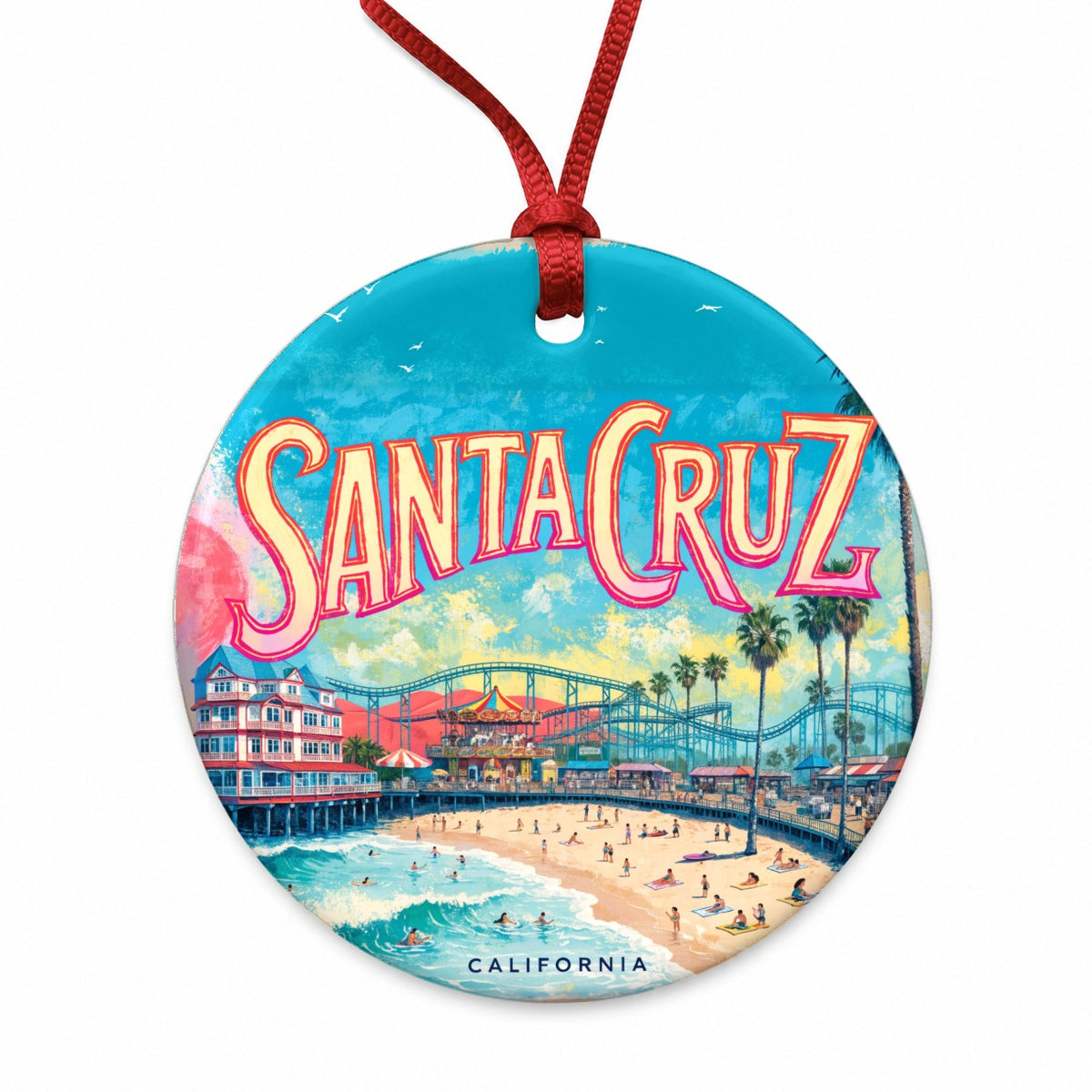 Santa Cruz California Travel Boardwalk Round Ceramic Holiday Christmas Tree Ornament