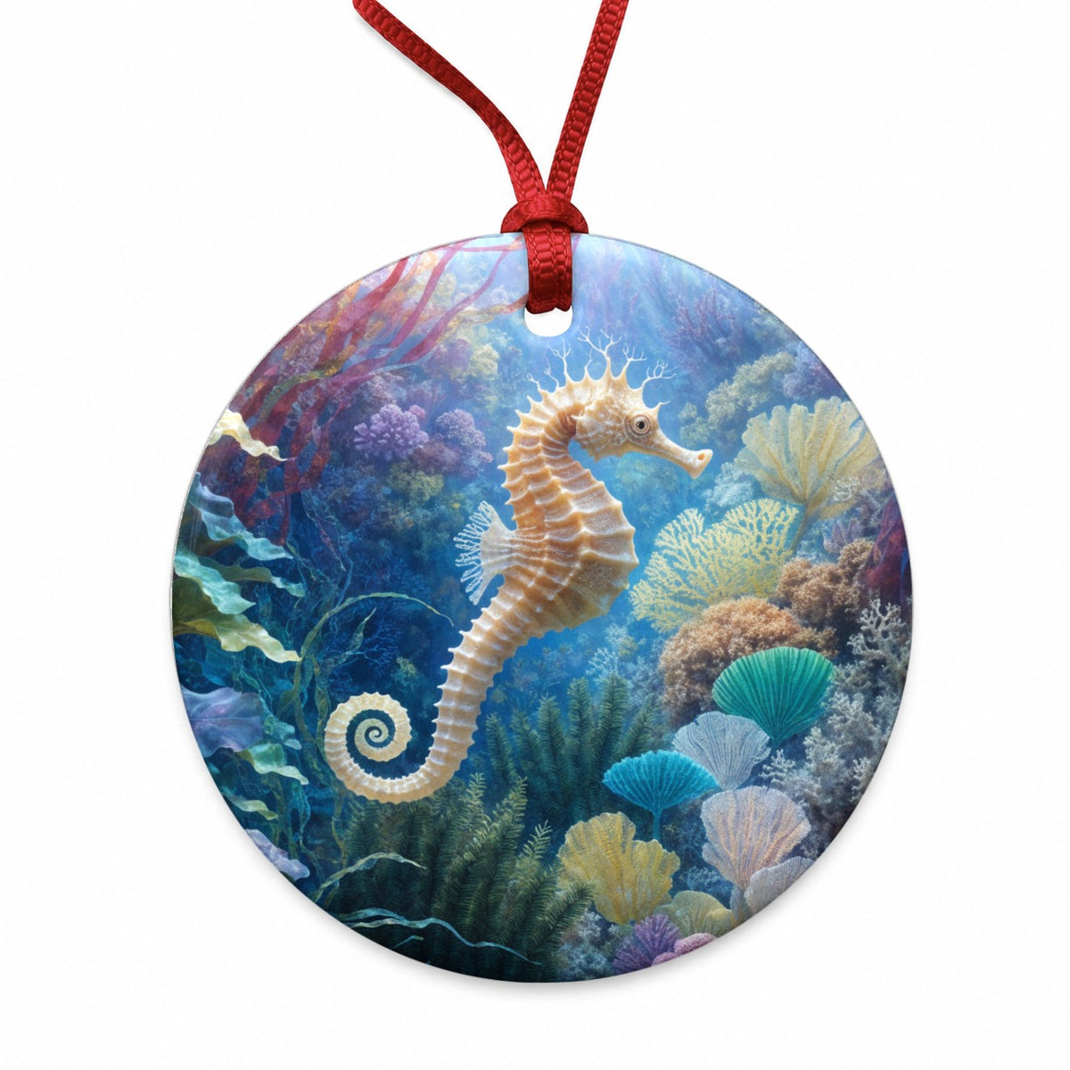 Seahorse Coral Reef Round Ceramic Holiday Christmas Tree Ornament