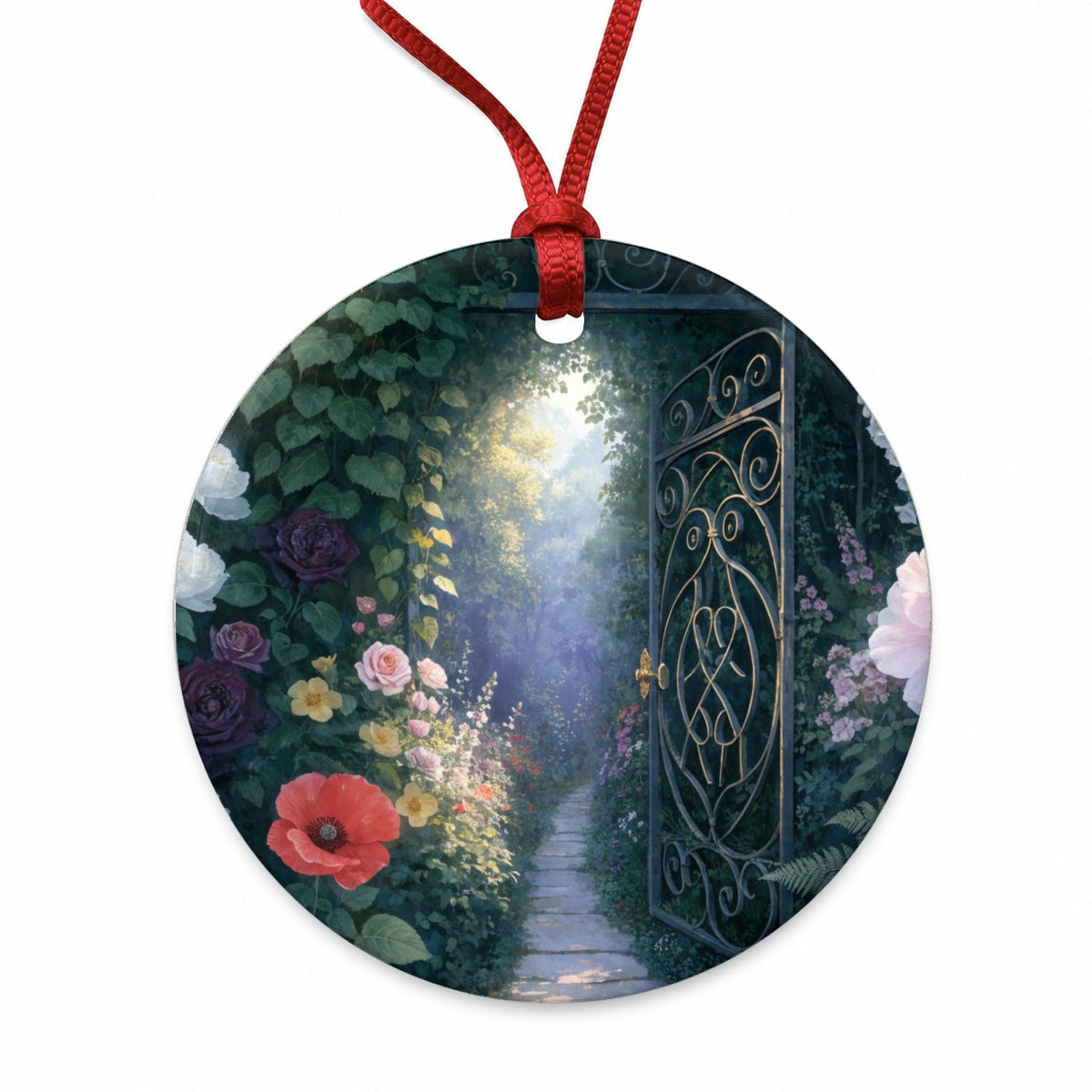 Secret Flower Garden Gate Round Ceramic Holiday Christmas Tree Ornament