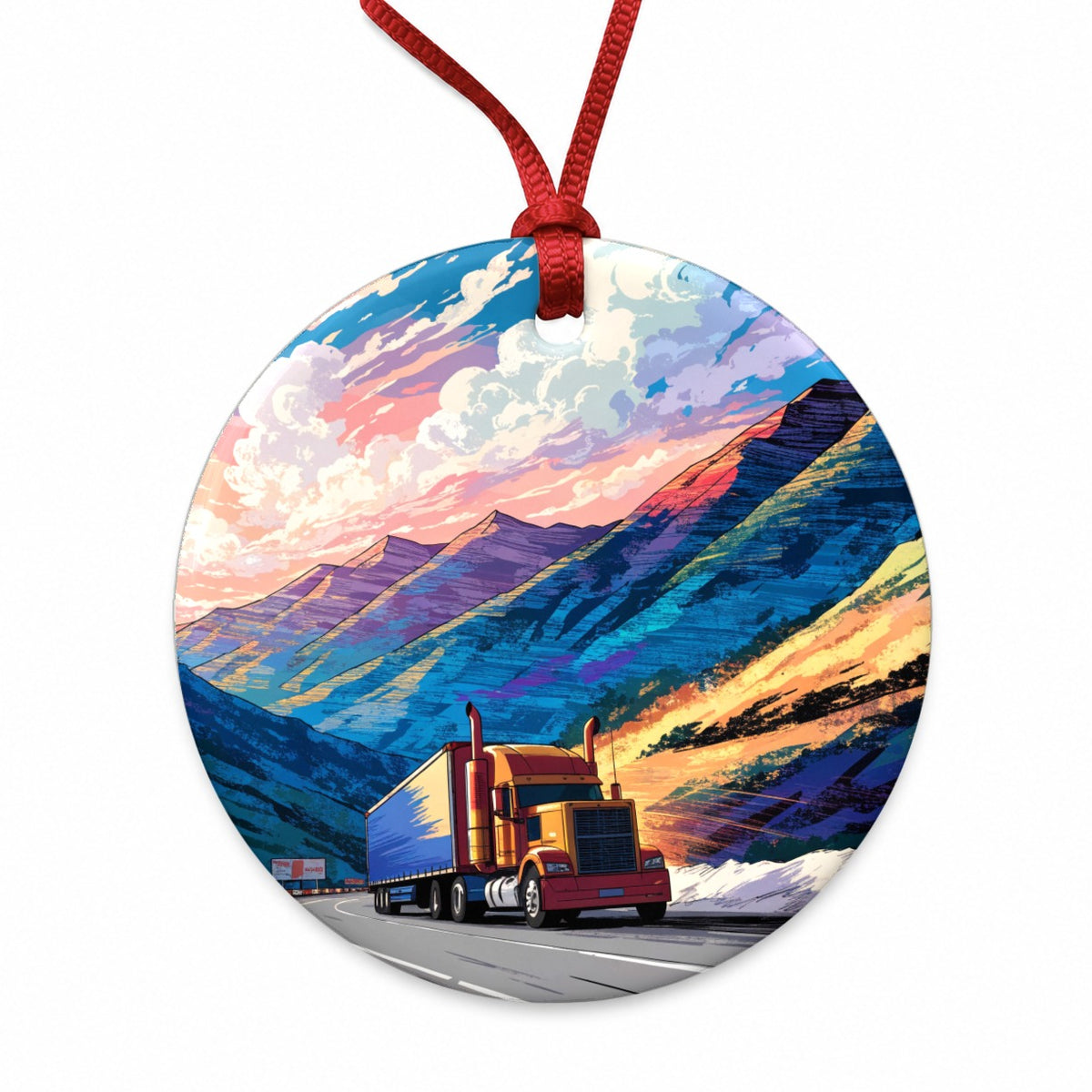 Semi Truck Traveling Driver Mountain Round Ceramic Holiday Christmas Tree Ornament