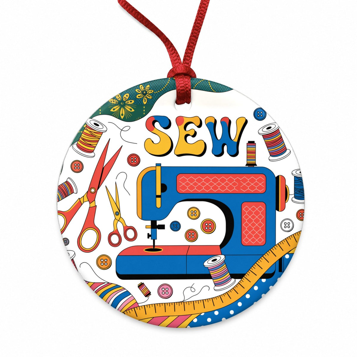 Sew Colorful Sewing Machine Round Ceramic Holiday Christmas Tree Ornament