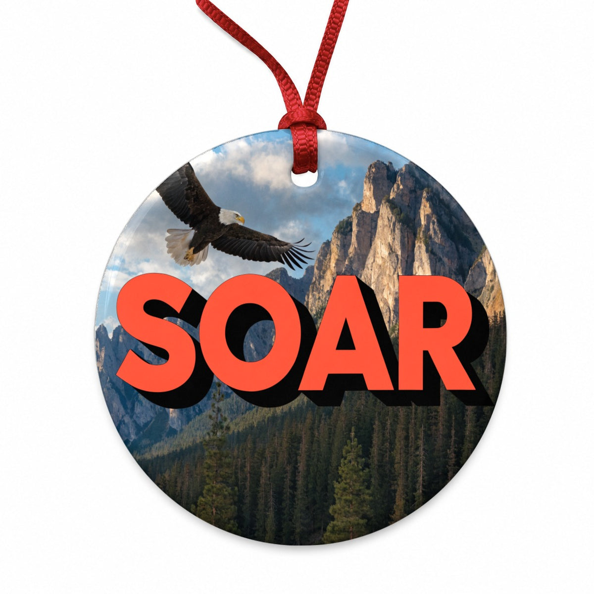 Soar Inspirational Bald Eagle Mountain Round Ceramic Holiday Christmas Tree Ornament