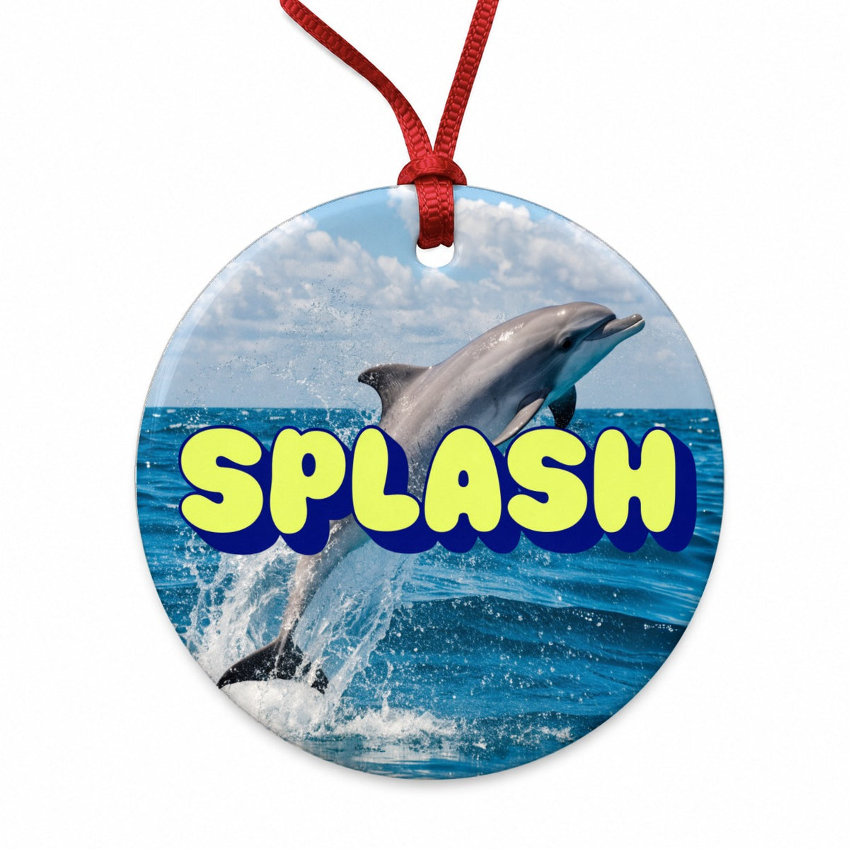 Splash Dolphin Jumping Fun Round Ceramic Holiday Christmas Tree Ornament