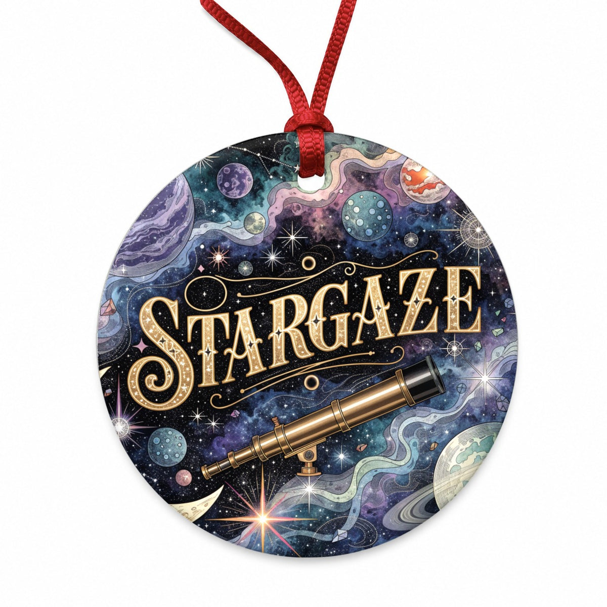 Stargaze Telescope Astronomy Space Round Ceramic Holiday Christmas Tree Ornament