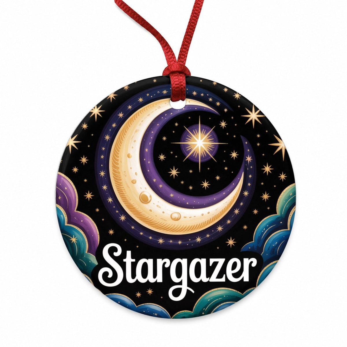 Stargazer Large Crescent Moon Round Ceramic Holiday Christmas Tree Ornament