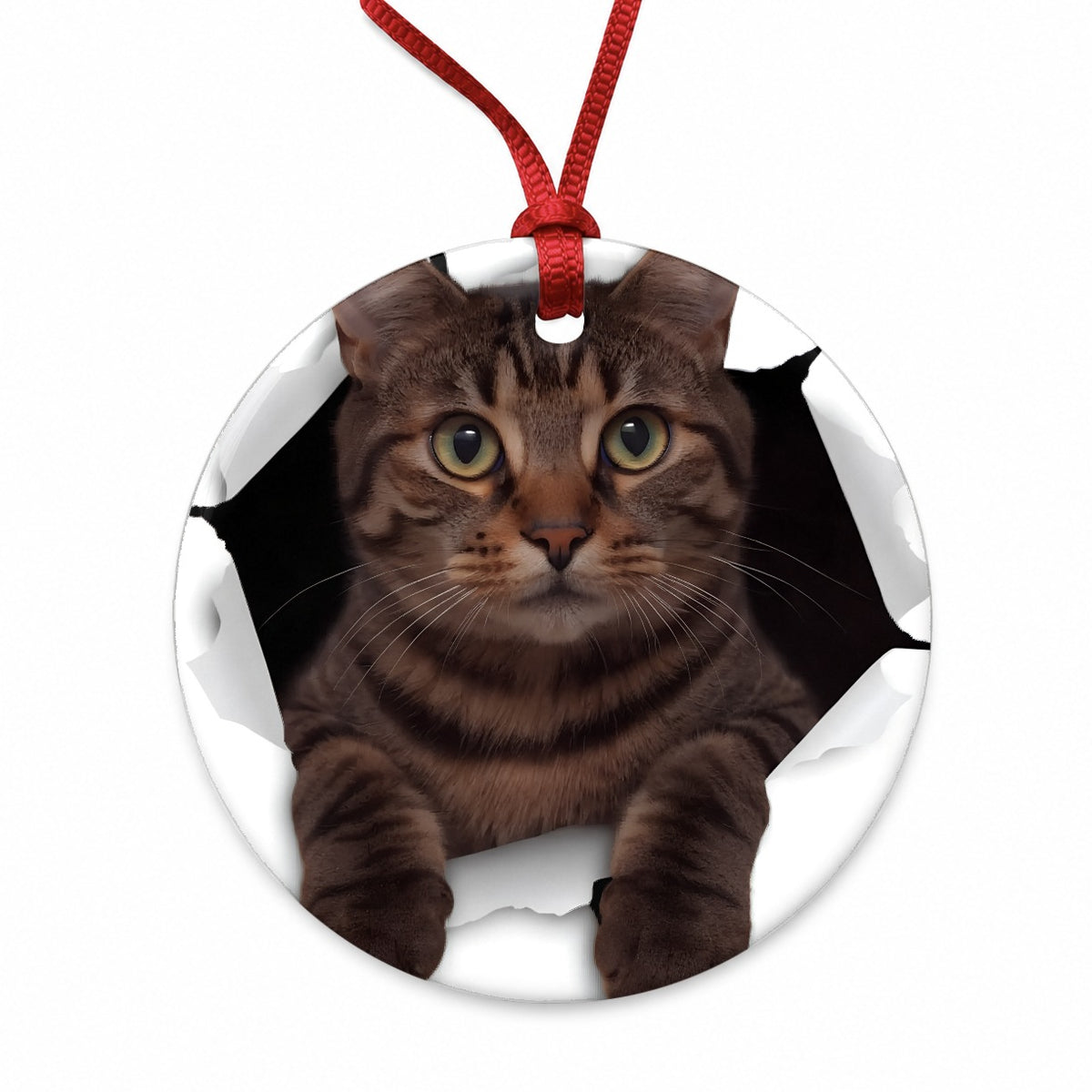 Tabby Cat Breakout Round Ceramic Holiday Christmas Tree Ornament