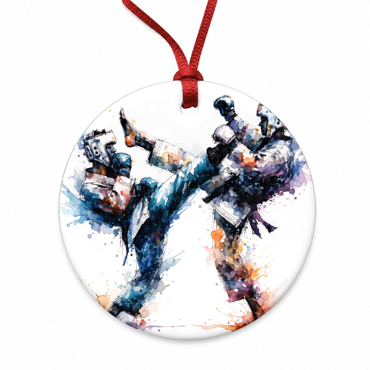 Taekwondo Karate Black Belt Sparring Round Ceramic Holiday Christmas Tree Ornament