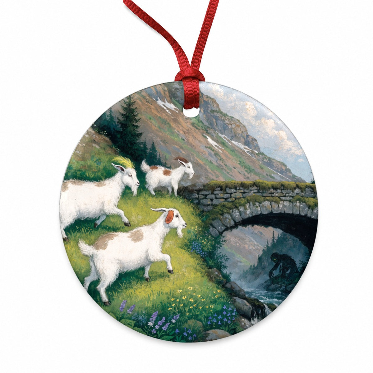 Three Billy Goats Gruff Round Ceramic Holiday Christmas Tree Ornament