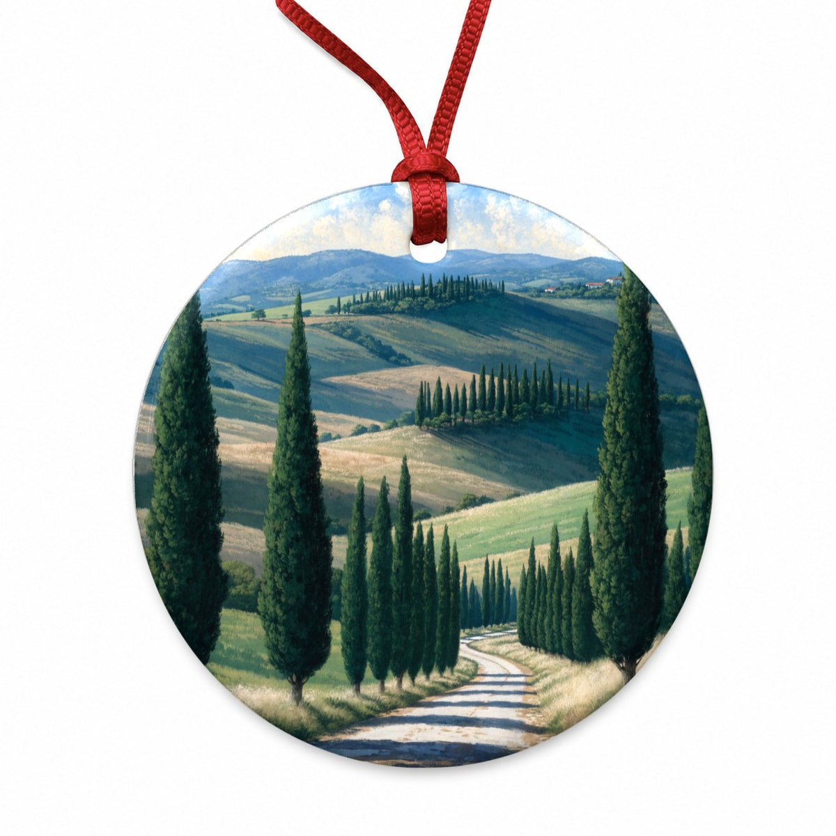 Tuscan Cypress Countryside Round Ceramic Holiday Christmas Tree Ornament